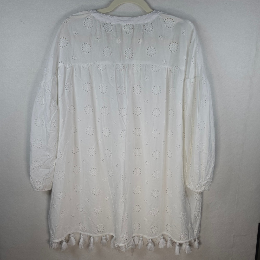 Cynthia Rowley White Eyelet Tunic Top Tassel Fringe Cotton Blouse Large - Picture 2 of 9